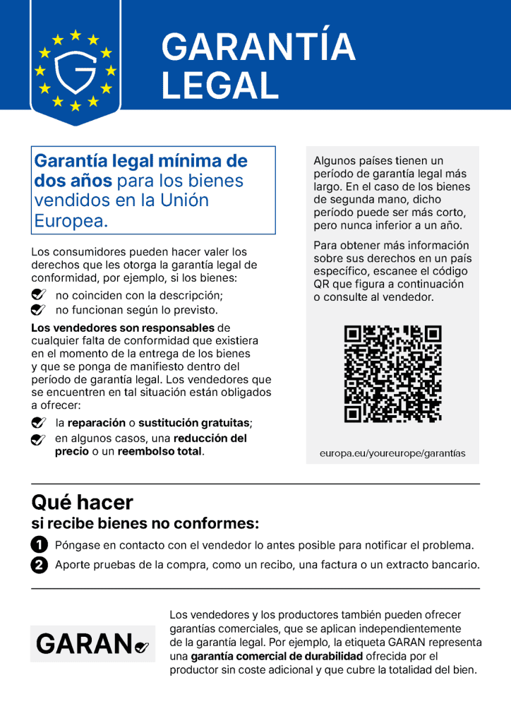 Aviso oficial sobre la garantía legal de la Unión Europea